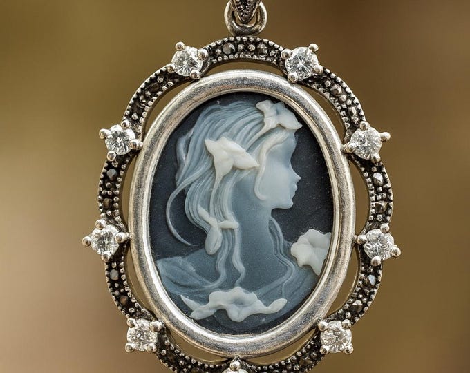 Vintage Style Silver Plated Cameo Pendant Necklace Oval Lady Profile with Marcasite and CZ Accents Victorian Inspired Statement Jewelry
