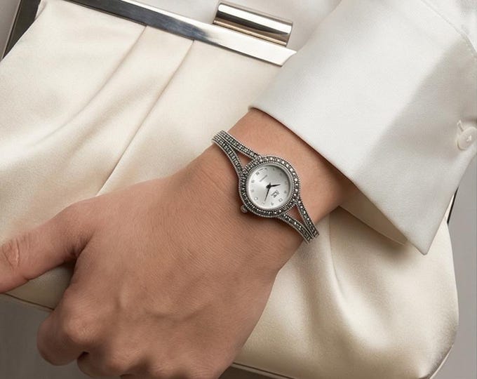 Vintage Marcasite Sterling Silver Bracelet Watch, Elegant Women’s Dress Watch