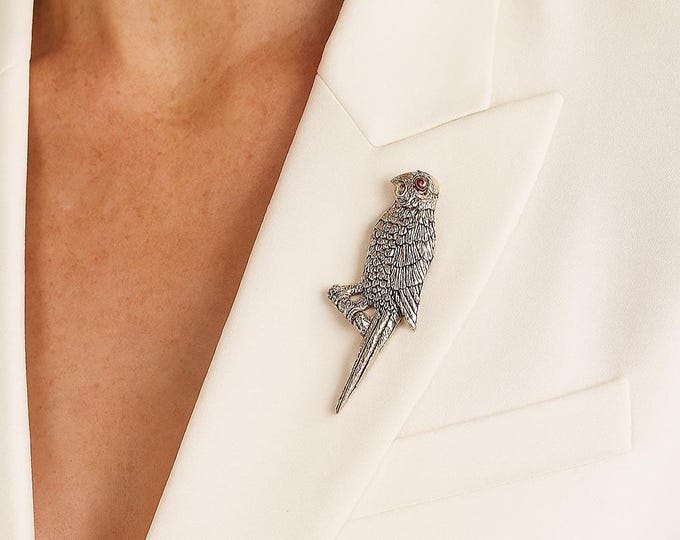 Antique Inspired Parrot Bird Ruby Brooch Collectable 925 Sterling Silver