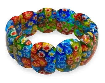 Millefiori Glass Stretch Bracelet, 925 Sterling Silver, Floral Venetian Jewelry