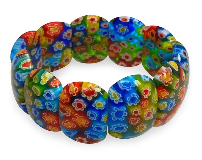 Millefiori Glass Bracelet Handmade Venetian Style Murano Glass Jewelry, Vibrant Floral Stretch Bracelet, Boho Statement Accessory