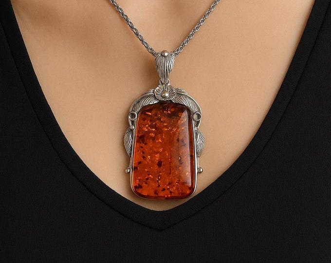 Art Nouveau Inspired Honey Amber Floral Pendant 925 Sterling Silver