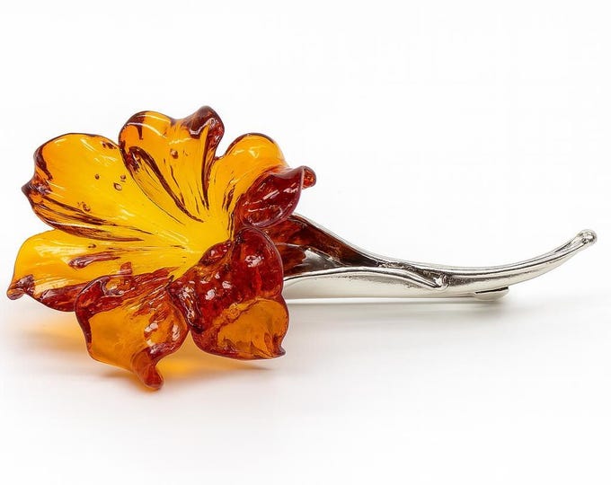 Art Nouveau Inspired Honey Amber Flower Brooch 925 Sterling Silver