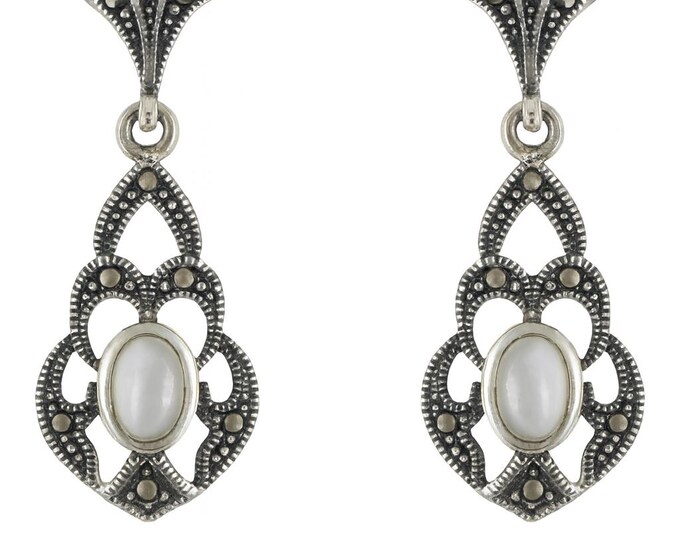 925 Sterling Silver Dangle Earrings with Mother of Pearl Teardrop Stone Vintage Inspired Drop Earrings, Boho Statement Jewelry