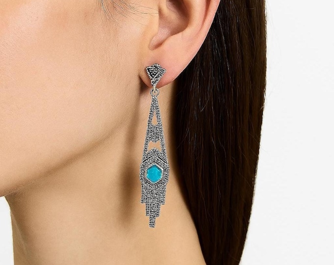 Art Deco Inspired Turquoise and Marcasite 925 Sterling Silver Earrings