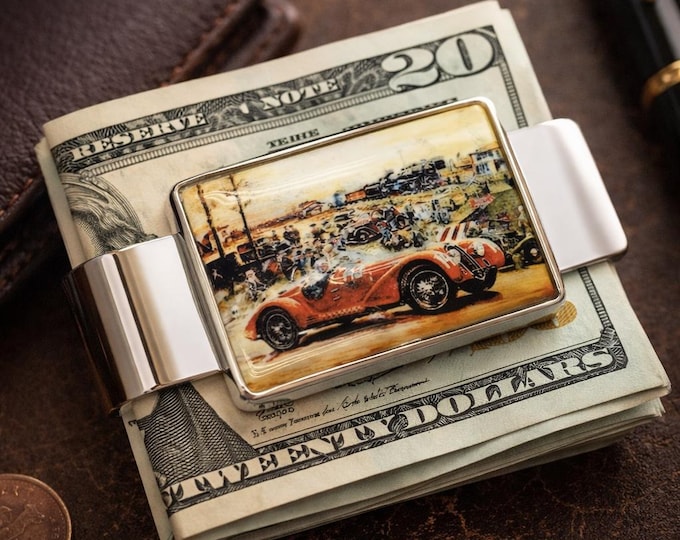 Antique Style Enamel Formula One Money Clip 925 Sterling Silver Gift