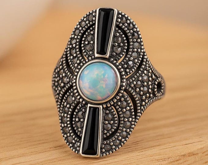 925 Sterling Silver Gilson Opal, Onyx and Marcasite Oval Statement Ring, Vintage Art Deco Jewelry, Long Boho Cocktail Ring for Women