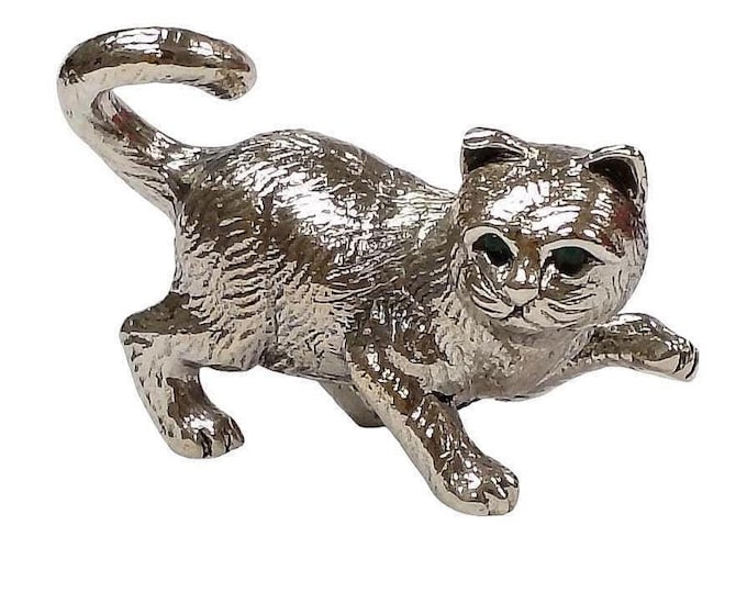 Antique Inspired Collectable Cat Kitten Figurine Emerald Eyes 925 Sterling Silver