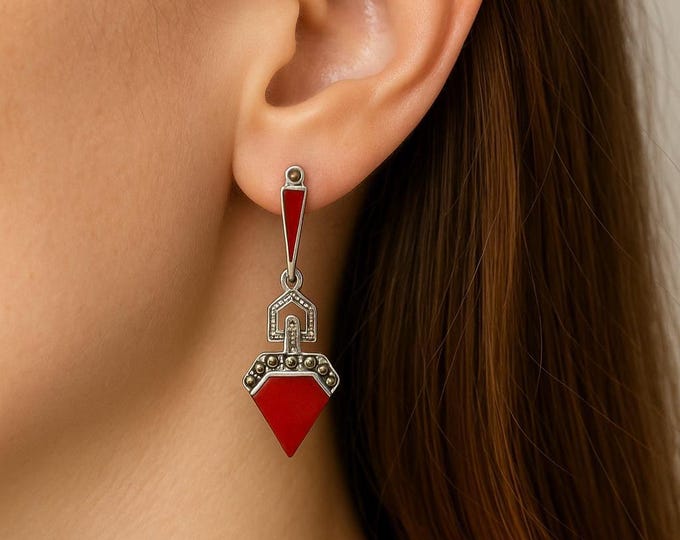 Art Deco Inspired Coral, Turquoise. Abalone and Marcasite 925 Sterling Silver Earrings