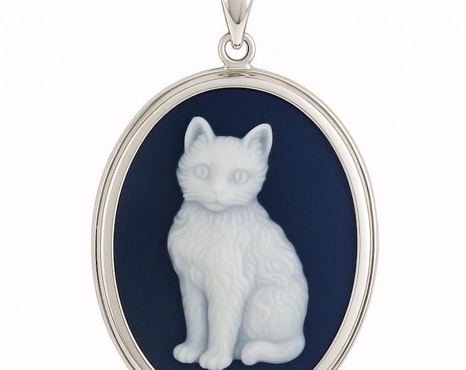 925 Sterling Silver Oval Cat Cameo Pendant Necklace Vintage Style Feline Portrait Jewelry Gift for Cat Lovers