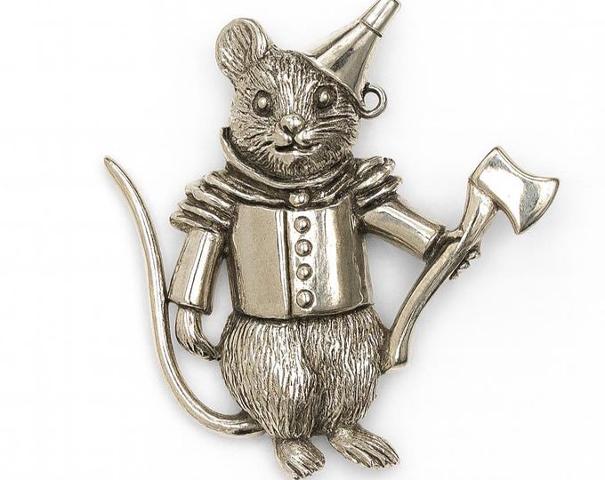 925 Sterling Silver Mouse Brooch Tin Man Inspired Figurine Pin, Vintage Storybook Jewelry, Collectible Animal Brooch