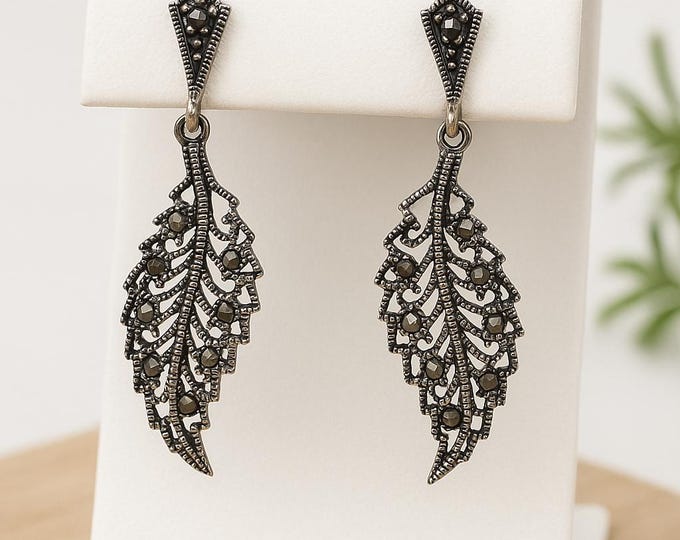 Vintage Sterling Silver Marcasite Leaf Earrings, Art Deco Filigree