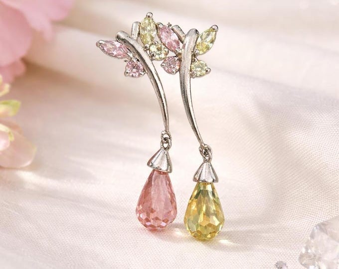 925 Sterling Silver Butterfly Earrings, Pink Yellow Crystal Teardrop Dangle Earrings, Butterfly Jewellery, Gift for Her
