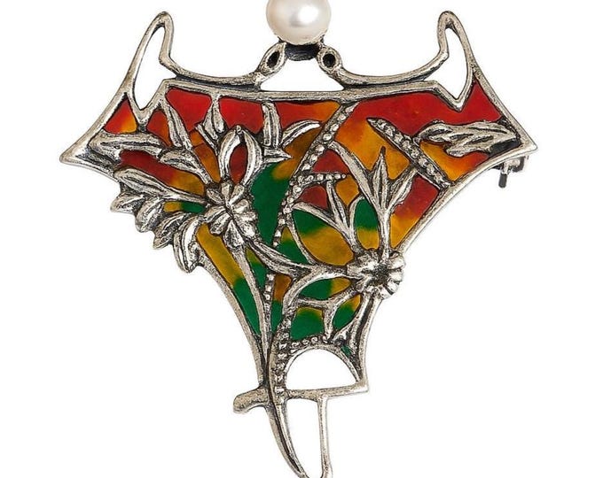 Art Nouveau Inspired Enamel Plique a Jour Floral Pearl Pendant Brooch 925 Sterling Silver