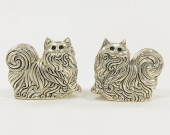 Antique Style Cat with Emerald Eyes Salt and Pepper Shakers 925 Sterling Silver Plate