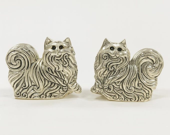Antique Style Cat with Emerald Eyes Salt and Pepper Shakers 925 Sterling Silver Plate