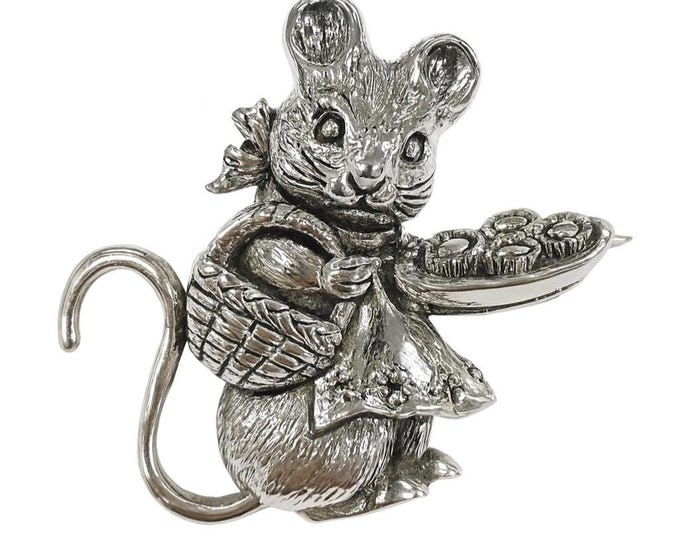 Vintage Silver Mouse Baker Brooch Whimsical Collectible Pin with Basket and Tray of Pastries, Handmade Animal Jewelry Gift