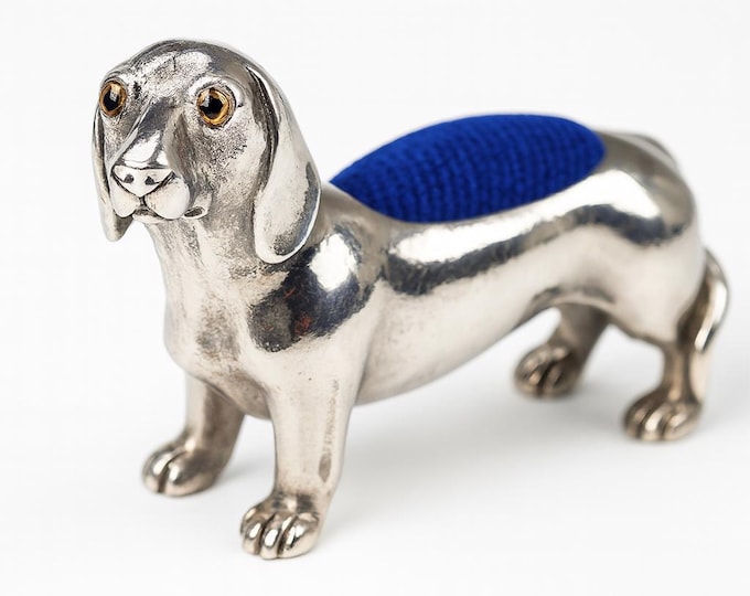 Antique Inspired Collectable Dachshund Dog Pin Cushion 925 Sterling Silver