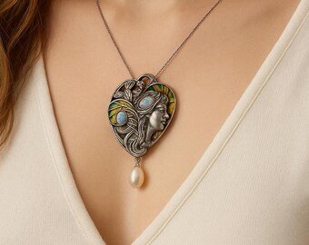 Jugendstil Sterling Silber Broschen Anhänger ,Opal, Perle, Plique-à-Jour Emaille