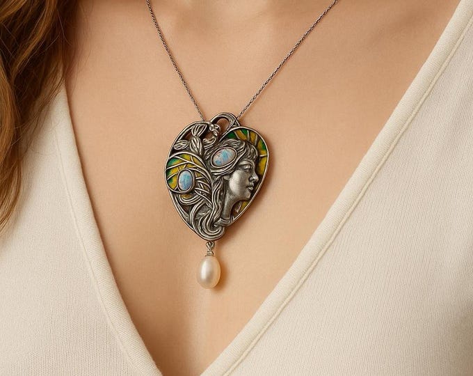 Art Nouveau Lady Brooch Pendant 925 Sterling Silver with Plique-à-Jour Enamel, Opal Cabochons and Pearl Drop, Antique Style Jewelry