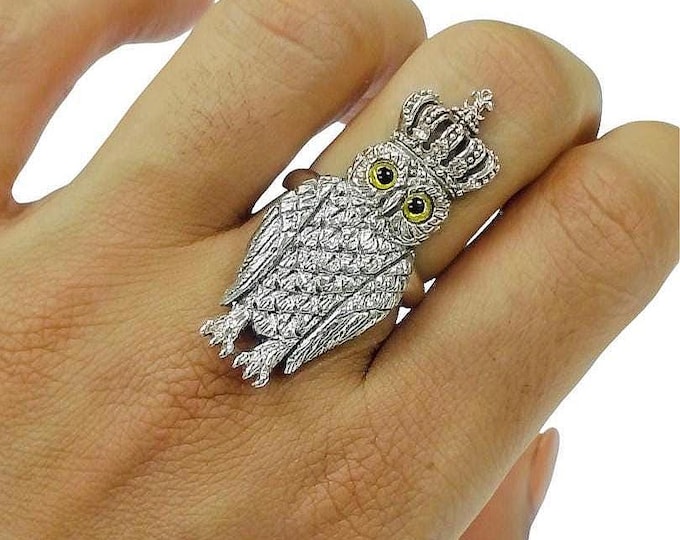 Antique Inspired Royal Owl With Glass Eyes Ring 925 Sterling Silver Hallmarked