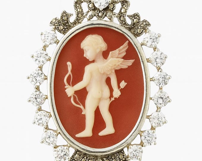 Vintage Style Silver Plated Cameo Pendant Necklace Oval Cupid with Marcasite and CZ Accents Victorian Inspired Statement Jewelry