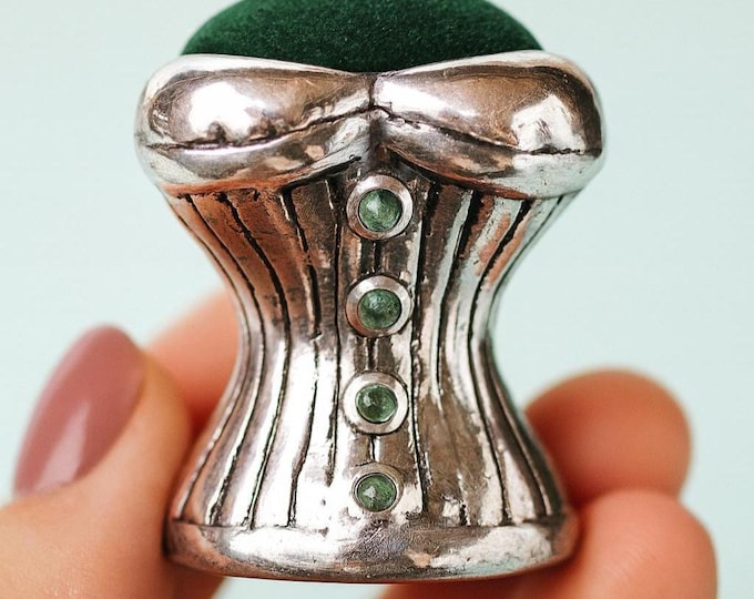 Vintage Silver Corset Pin Cushion with Emerald and Ruby Gemstones Antique-Style Sewing Collectible Unique Gift for Collector