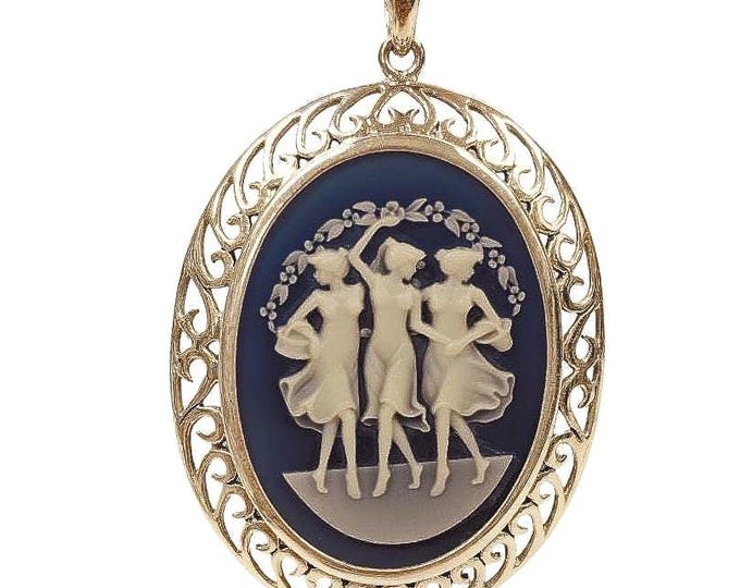 Vintage Style Blue Cameo Pendant Three Graces Dancing in Oval Filigree Frame 925 Sterling Silver