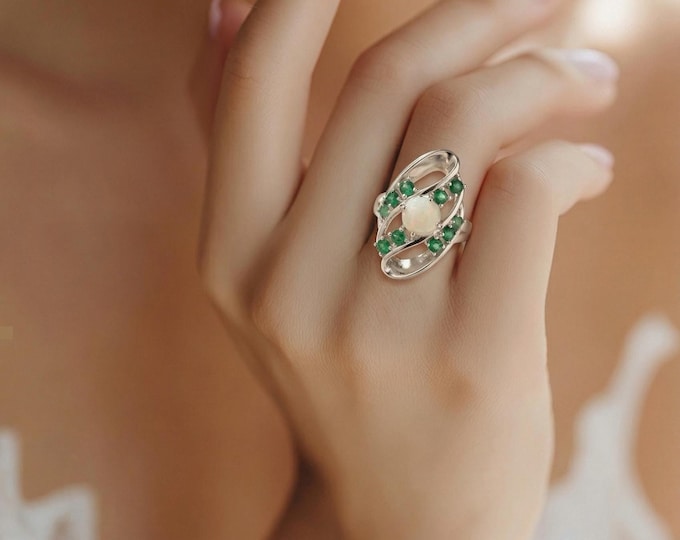 Art Deco Inspired Ruby, Emerald and White Gilson Opal Ring 925 Sterling Silver Hallmarked