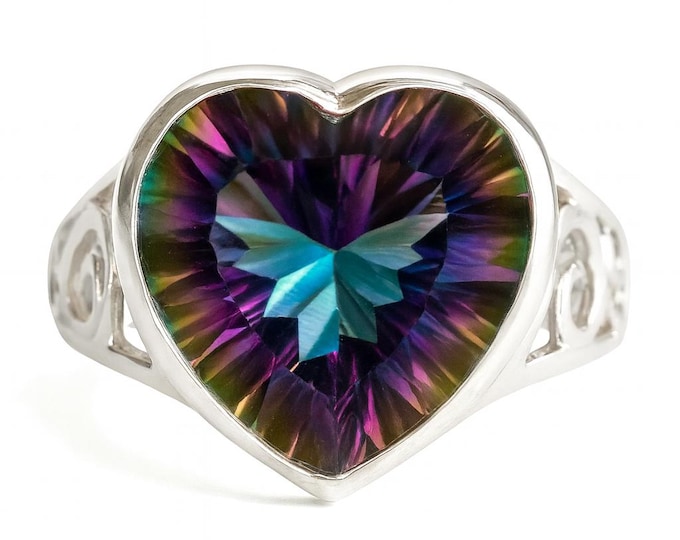 Mystic Topaz Filigree Heart Ring Purple Gemstone Statement Cocktail Ring in 925 Sterling Silver, Bold Modern Jewelry Gift for Her