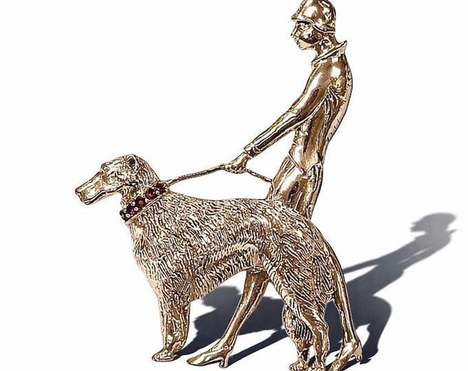 Antique Style Man Walking Dog Ruby Collar Brooch 925 Sterling Silver