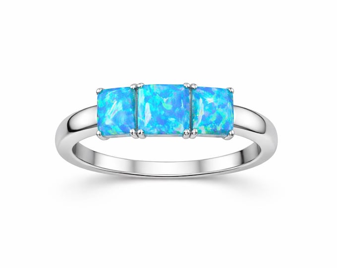 Light Blue Gilson Opal Trilogy Ring, Sterling Silver October Birthstone