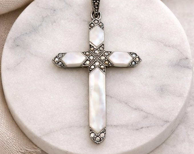 Victorian Style 925 Sterling Silver Onyx and Marcasite Cross Pendant Antique Inspired Gemstone Necklace