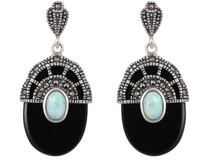 Art Deco Inspired White Gilson Opal, Onyx and Marcasite 925 Sterling Silver Earrings