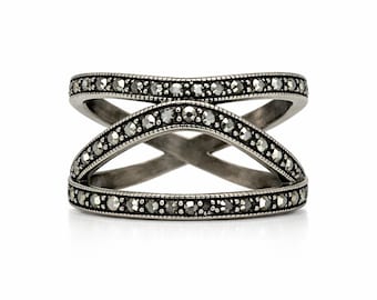 Vintage Style 925 Sterling Silver Ring with Marcasite Accents Art Deco Statement Jewelry