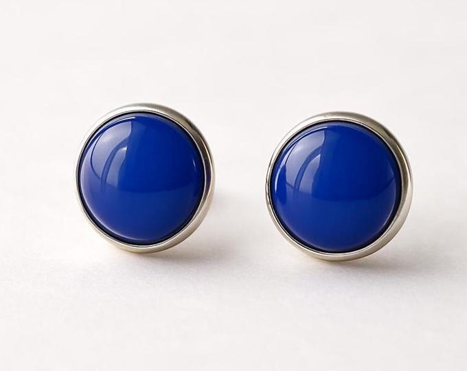 Blue Agate Round Stud 925 Sterling Silver Earrings