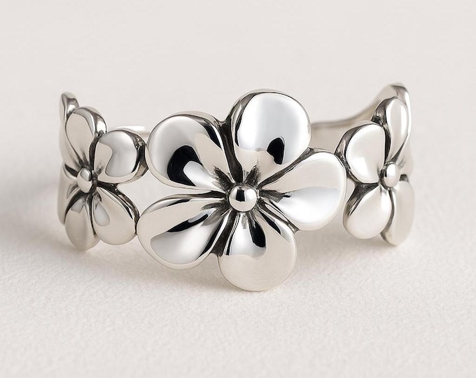 925 Sterling Silver Flower Ring Floral Band Gift for Her