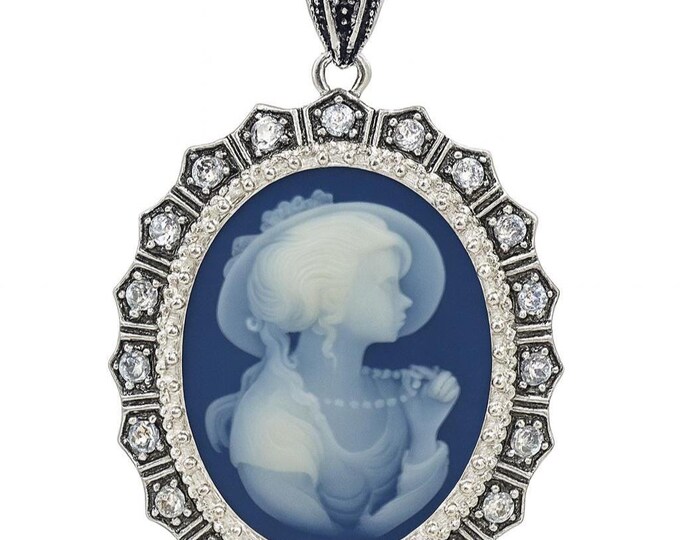 Vintage Style Silver Plated Cameo Pendant Necklace Oval Lady Profile with Marcasite and CZ Accents Victorian Inspired Statement Jewelry