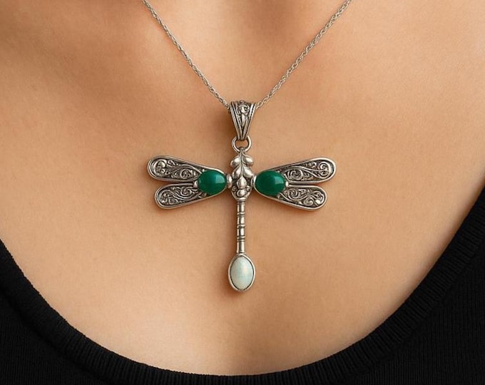 Victorian Style Dragonfly Pendant with Gilson Opal and Ruby/Emerald Stone 925 Sterling Silver