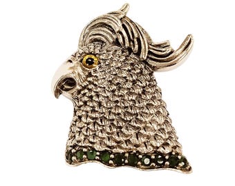 Antique Inspired Emerald Bird Brooch Pendant Collectable 925 Sterling Silver