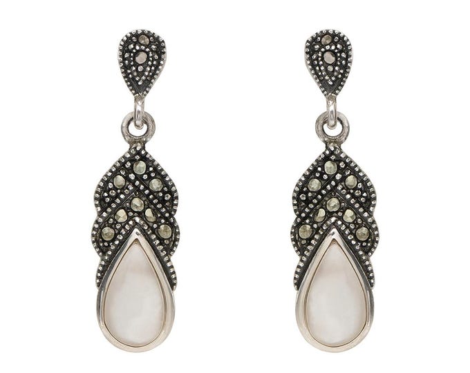 Art Deco Mother of Pearl, Abalone Shell and Marcasite Drop Earrings 925 Sterling Silver Vintage Style Dangle Jewelry