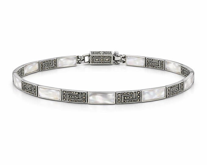 Art Deco Sterling Silver Bracelet, Mother of Pearl & Marcasite