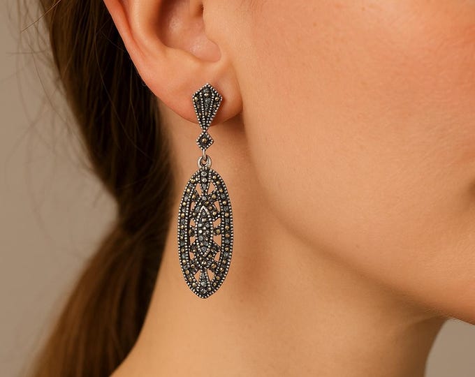 Vintage Sterling Silver Earrings with Marcasite Art Deco Dangle Drop Earrings, Elegant Gift for Her