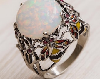 Gilson Opal and Ruby Ring 925 Sterling Silver Bee Ring Vintage Style Statement Ring