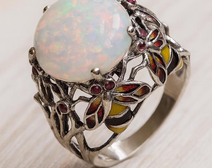 Gilson Opal and Ruby Ring 925 Sterling Silver Bee Ring Vintage Style Statement Ring