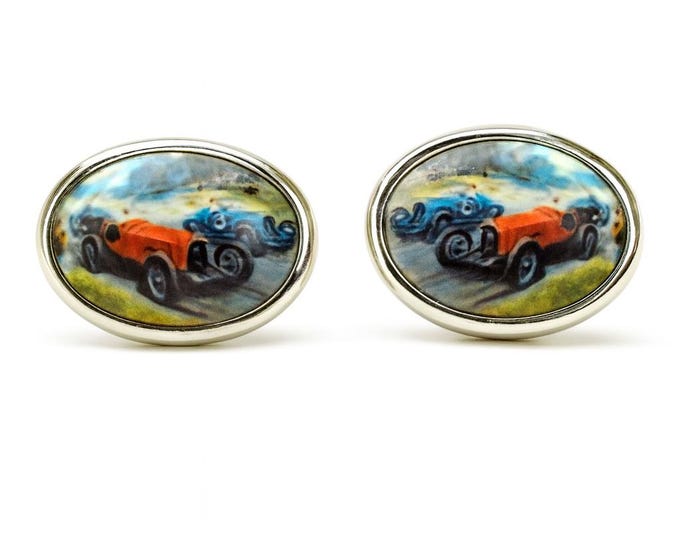 Vintage Racing Car Cufflinks 925 Sterling Silver Oval Enamel Cuff Links, Retro Sports Car Jewelry, Classic Car Gift for Him