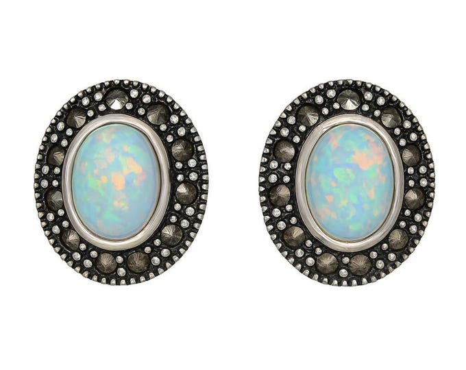 Gilson Opal and Marcasite Oval Stud 925 Sterling Silver Earrings