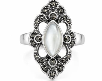 Art Deco Style 925 Sterling Silver Ring, Mother of Pearl & Marcasite