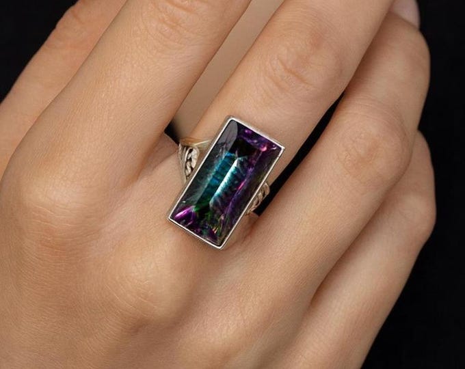 Mystic Topaz Ring Rectangular Purple Gemstone Statement Cocktail Ring in Sterling Silver, Bold Modern Jewelry Gift for Her