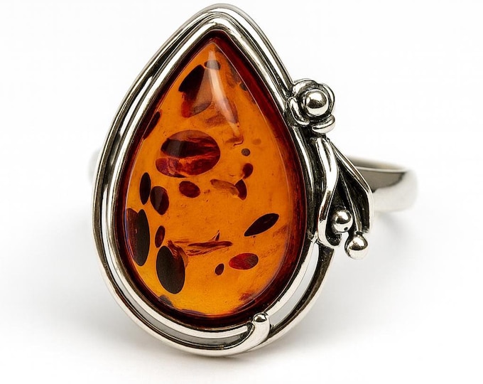 Vintage 925 Sterling Silver Amber Ring Teardrop Gemstone Statement Jewelry Honey Amber Boho Ring for Women